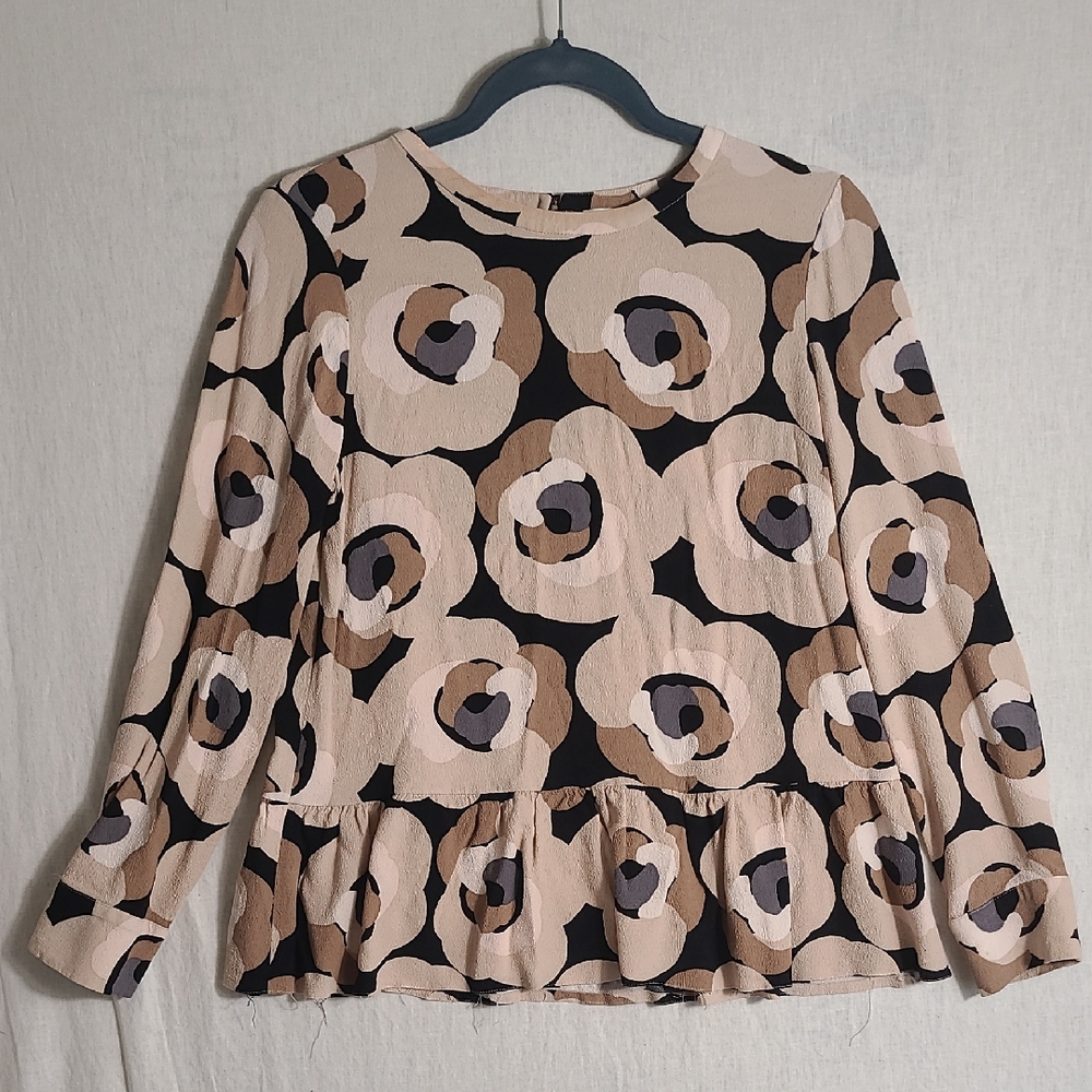 kate spade Floral Peplum Long-Sleeve Top - Beige, Black, Taupe Size 4